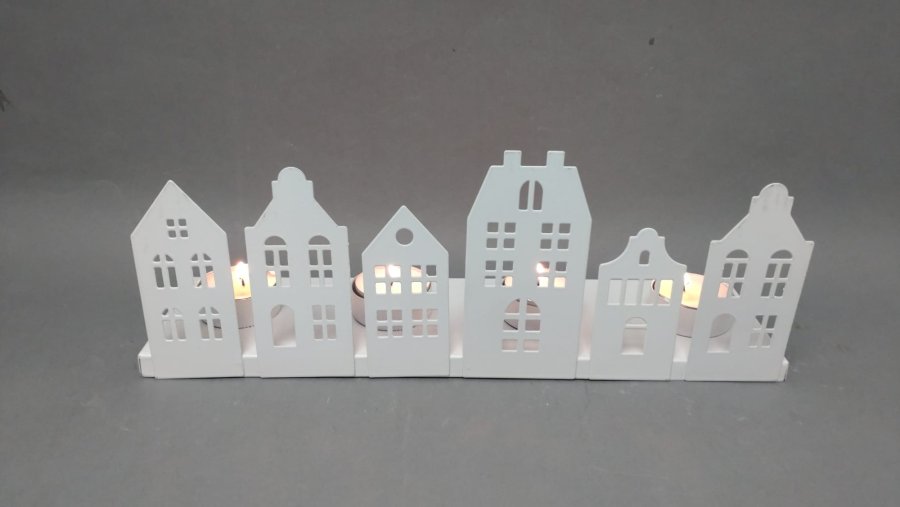 Svícen domečky plechový bílý - vánoční a zimní figurky, betlémy