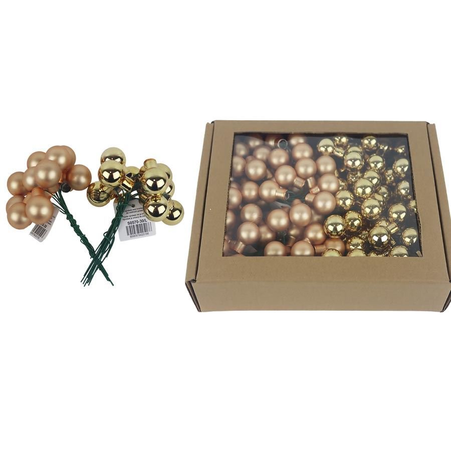 Skleněné baňky na drátku champagne, pr.2,5 cm, S0571-30/BOX 144 ks - Vánoční dekorace