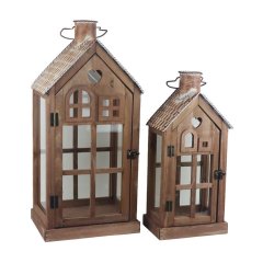 Dřevěná lucerna, S/2 D7089 Nábytek - Bytové doplňky a dekorace - Vůně do bytu a svíčky - Svícny